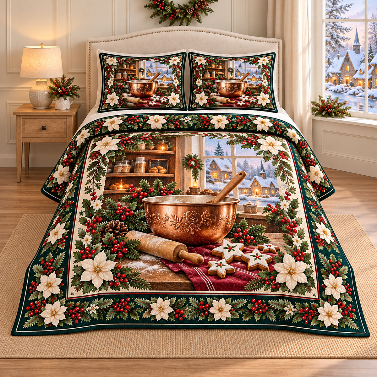 Baking Bowl Christmas Holly thin printed quilt with two matching pillow shams; complete-product design mockup with flat printed visual depth.