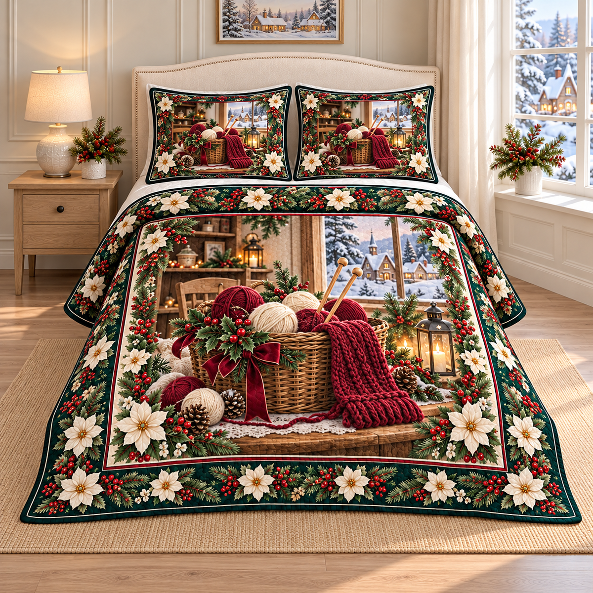 Knitting Basket Christmas Holly thin printed quilt with two matching pillow shams; complete-product design mockup with flat printed visual depth.
