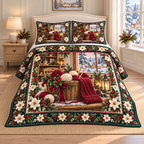 Knitting Basket Christmas Holly thin printed quilt with two matching pillow shams; complete-product design mockup with flat printed visual depth.