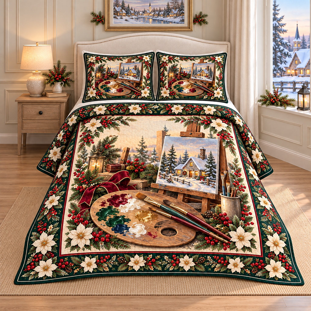 Artist Palette Christmas Holly thin printed quilt with two matching pillow shams; complete-product design mockup with flat printed visual depth.