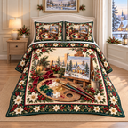 Artist Palette Christmas Holly thin printed quilt with two matching pillow shams; complete-product design mockup with flat printed visual depth.