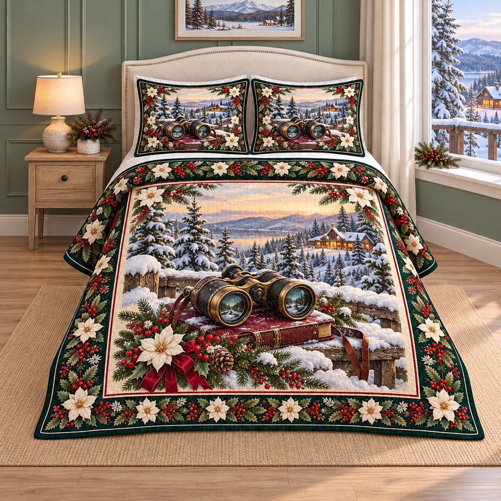 Vintage Binoculars Christmas Holly thin printed quilt with two matching pillow shams; complete-product design mockup with flat printed visual depth.