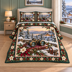 Vintage Binoculars Christmas Holly thin printed quilt with two matching pillow shams; complete-product design mockup with flat printed visual depth.
