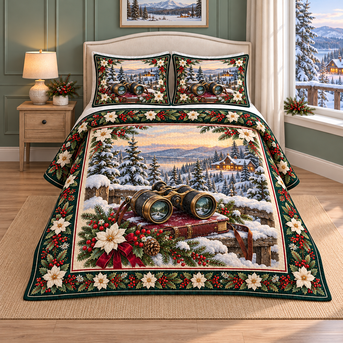 Vintage Binoculars Christmas Holly thin printed quilt with two matching pillow shams; complete-product design mockup with flat printed visual depth.