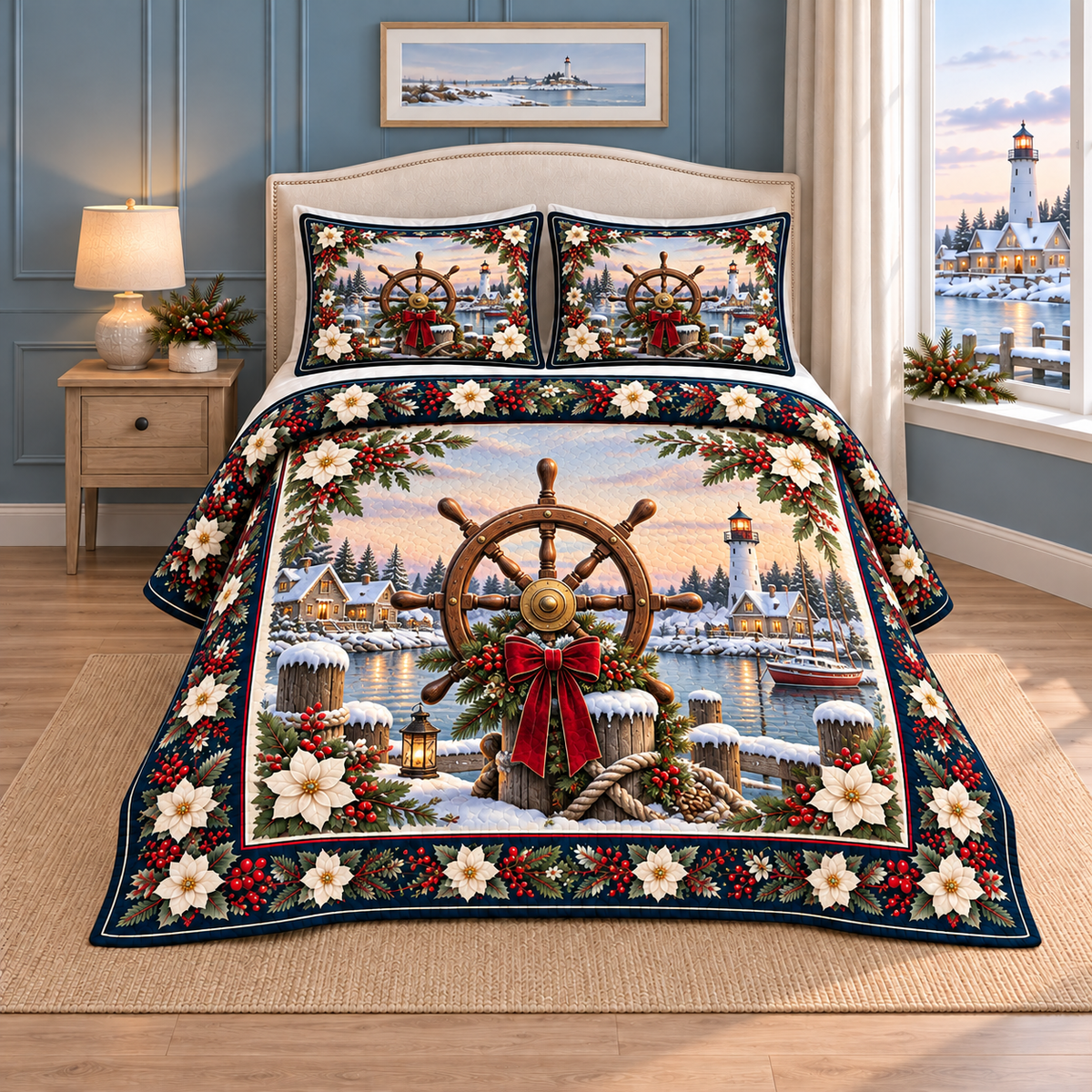 Nautical Helm Christmas Holly thin printed quilt with two matching pillow shams; complete-product design mockup with flat printed visual depth.
