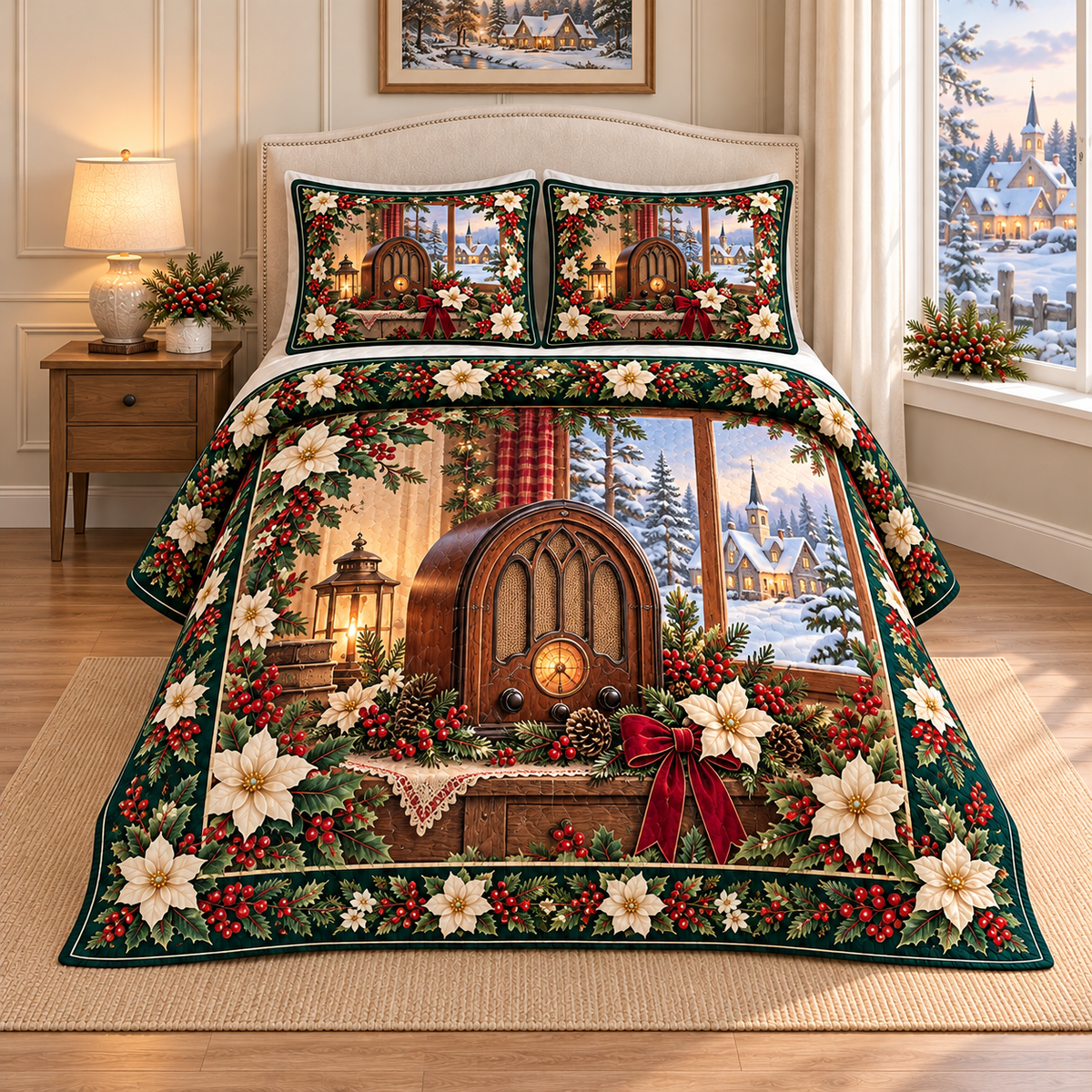 Vintage Radio Christmas Holly thin printed quilt with two matching pillow shams; complete-product design mockup with flat printed visual depth.