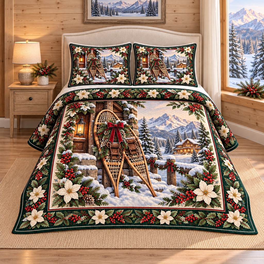 Alpine Snowshoes Christmas Holly thin printed quilt with two matching pillow shams; complete-product design mockup with flat printed visual depth.