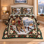 Alpine Snowshoes Christmas Holly thin printed quilt with two matching pillow shams; complete-product design mockup with flat printed visual depth.