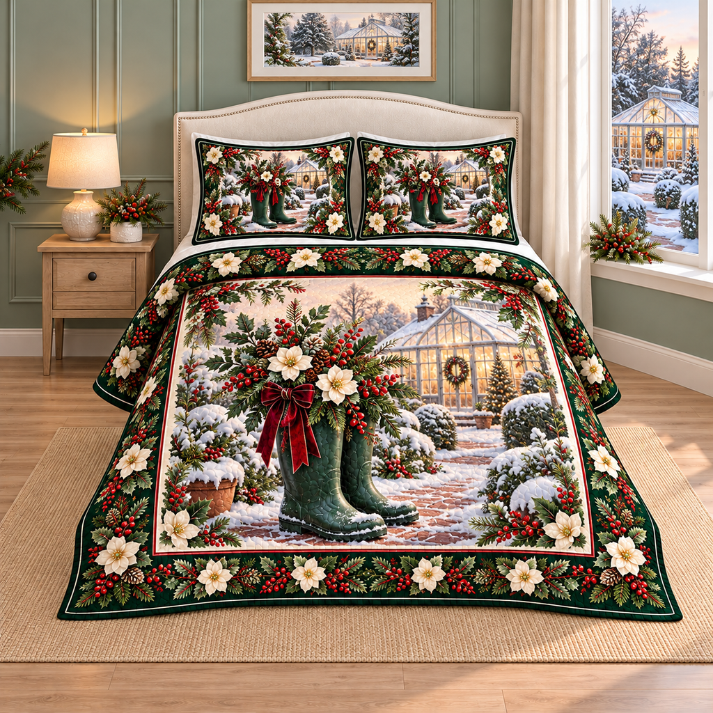 Garden Boots Christmas Holly thin printed quilt with two matching pillow shams; complete-product design mockup with flat printed visual depth.