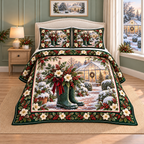 Garden Boots Christmas Holly thin printed quilt with two matching pillow shams; complete-product design mockup with flat printed visual depth.