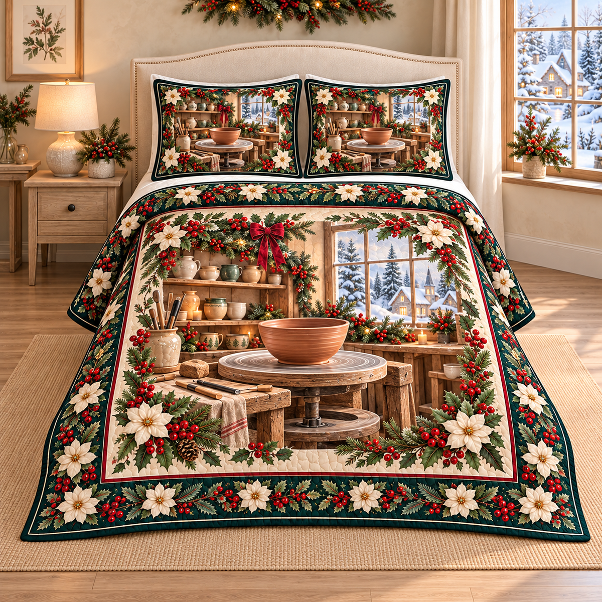 Pottery Wheel Christmas Holly thin printed quilt with two matching pillow shams; complete-product design mockup with flat printed visual depth.