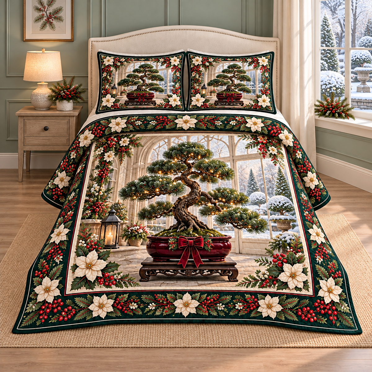 Bonsai Pine Christmas Holly thin printed quilt with two matching pillow shams; complete-product design mockup with flat printed visual depth.