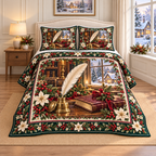 Vintage Quill Christmas Holly thin printed quilt with two matching pillow shams; complete-product design mockup with flat printed visual depth.