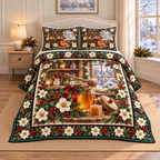 Honey Jar Christmas Holly thin printed quilt with two matching pillow shams; complete-product design mockup with flat printed visual depth.