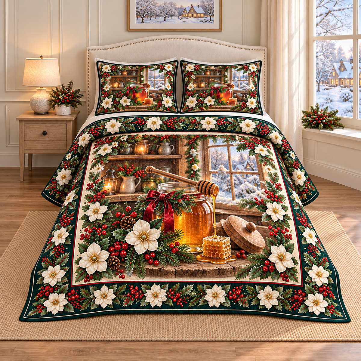 Honey Jar Christmas Holly thin printed quilt with two matching pillow shams; complete-product design mockup with flat printed visual depth.