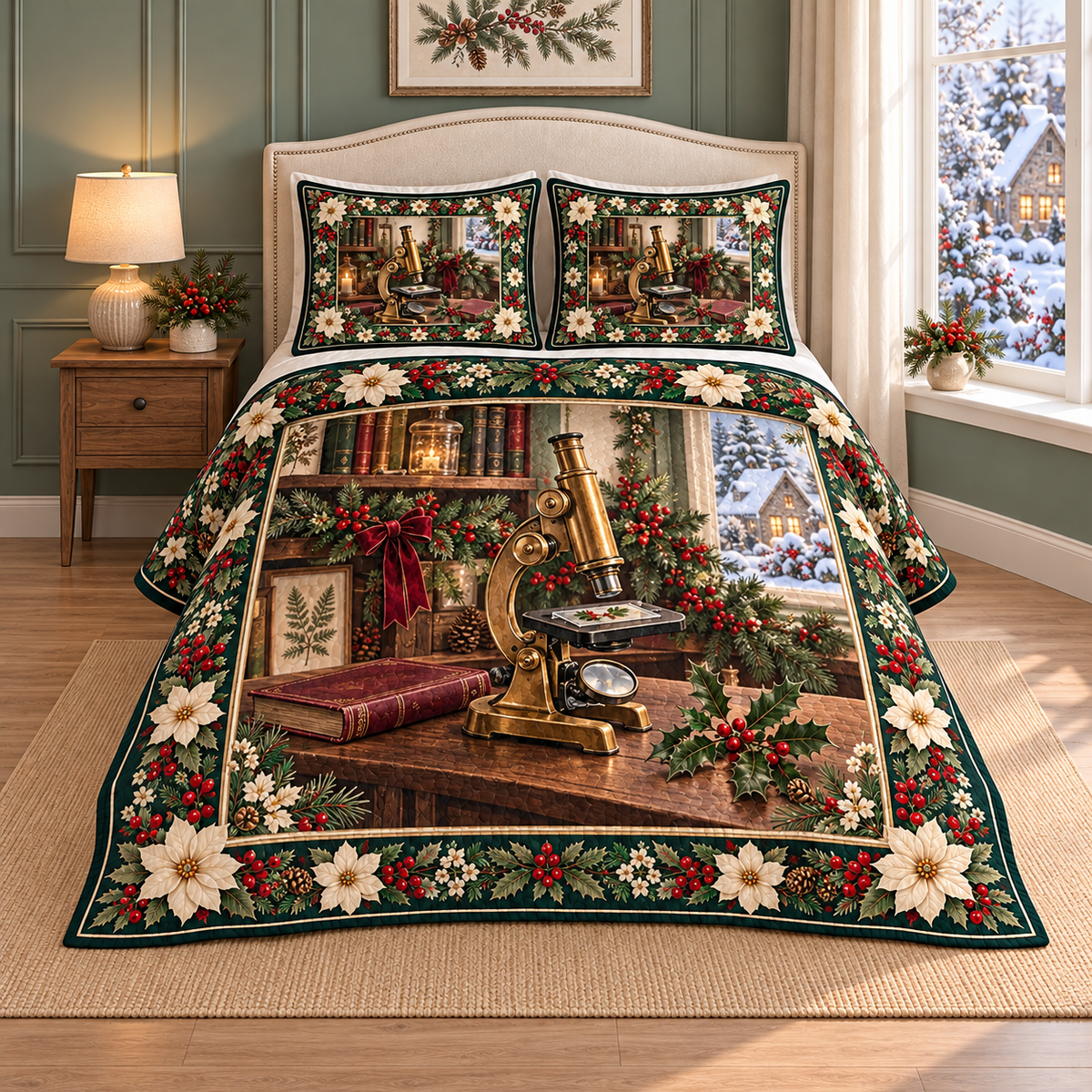 Vintage Microscope Christmas Holly thin printed quilt with two matching pillow shams; complete-product design mockup with flat printed visual depth.