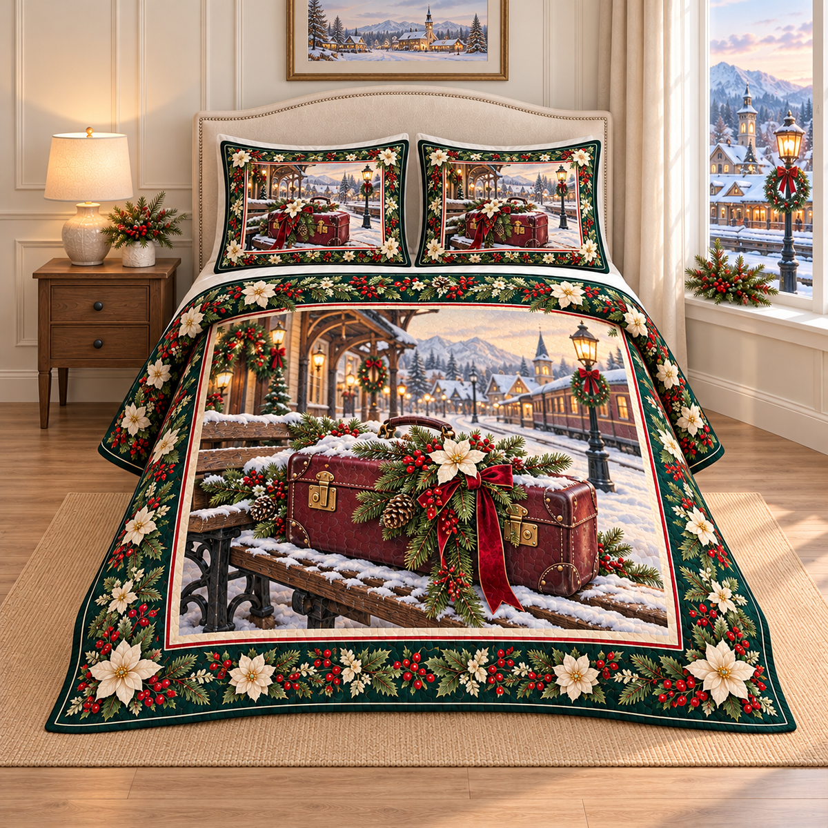 Vintage Suitcase Christmas Holly thin printed quilt with two matching pillow shams; complete-product design mockup with flat printed visual depth.