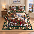 Vintage Suitcase Christmas Holly thin printed quilt with two matching pillow shams; complete-product design mockup with flat printed visual depth.