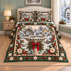 Garden Birdbath Christmas Holly thin printed quilt with two matching pillow shams; complete-product design mockup with flat printed visual depth.