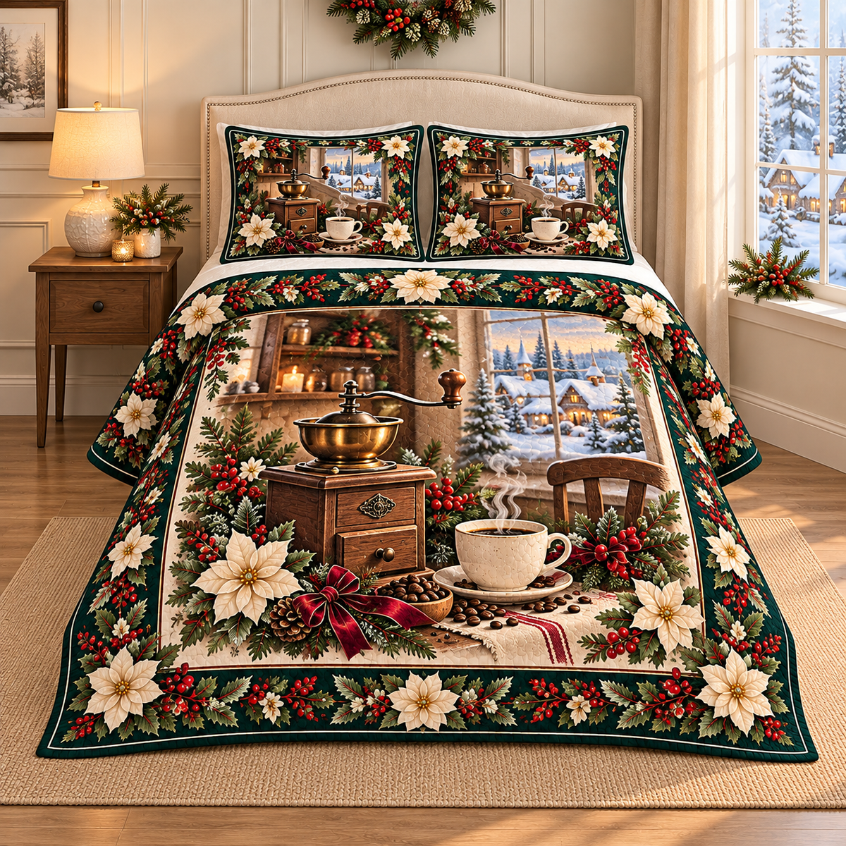 Coffee Grinder Christmas Holly thin printed quilt with two matching pillow shams; complete-product design mockup with flat printed visual depth.