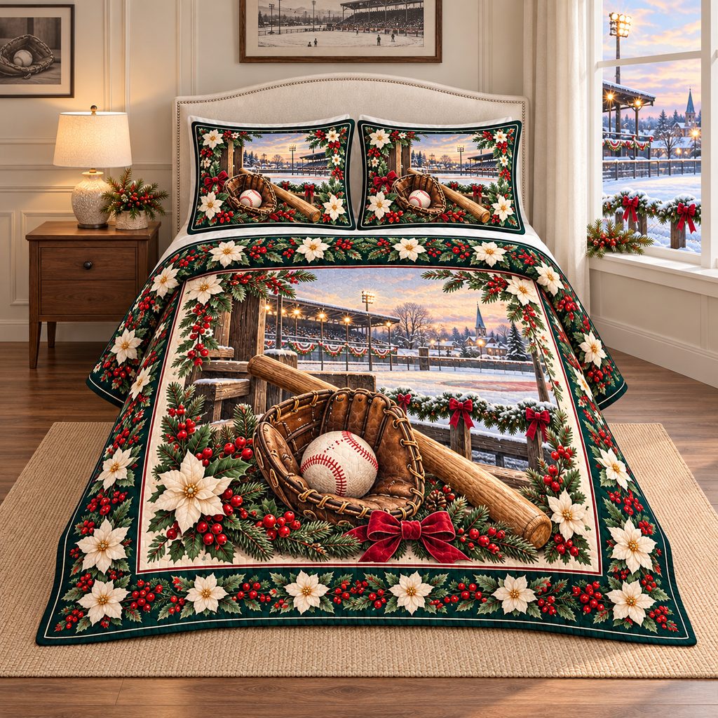 Baseball Glove Christmas Holly thin printed quilt with two matching pillow shams; complete-product design mockup with flat printed visual depth.