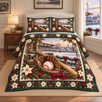Baseball Glove Christmas Holly thin printed quilt with two matching pillow shams; complete-product design mockup with flat printed visual depth.