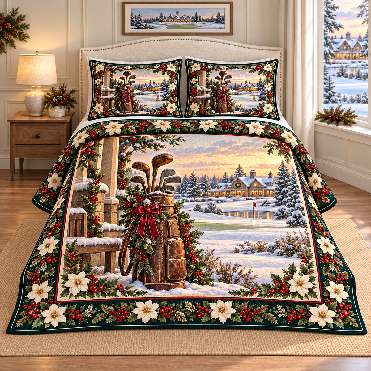 Vintage Golf Bag Christmas Holly thin printed quilt with two matching pillow shams; complete-product design mockup with flat printed visual depth.