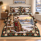 Vintage Golf Bag Christmas Holly thin printed quilt with two matching pillow shams; complete-product design mockup with flat printed visual depth.
