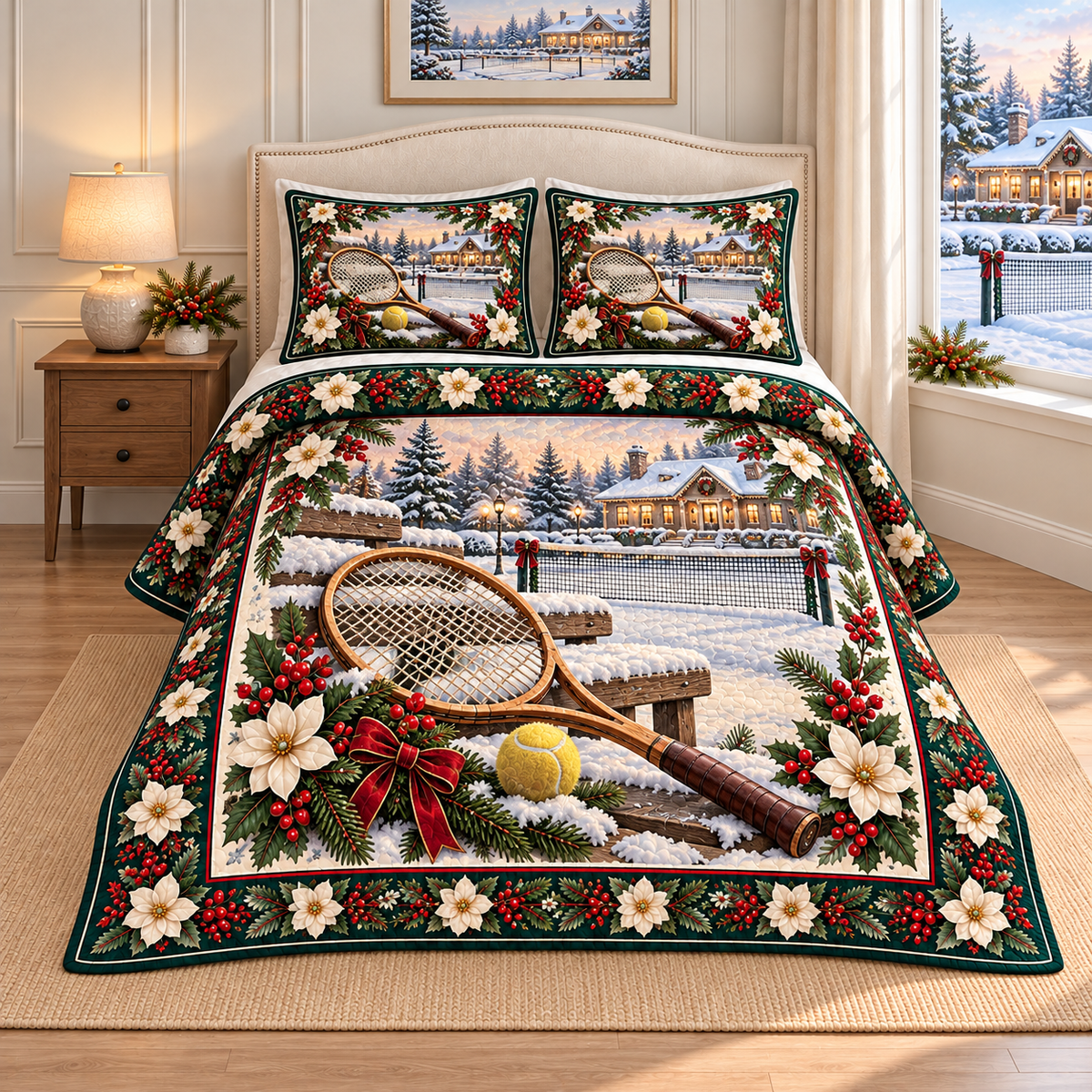 Vintage Tennis Racket Christmas Holly thin printed quilt with two matching pillow shams; complete-product design mockup with flat printed visual depth.