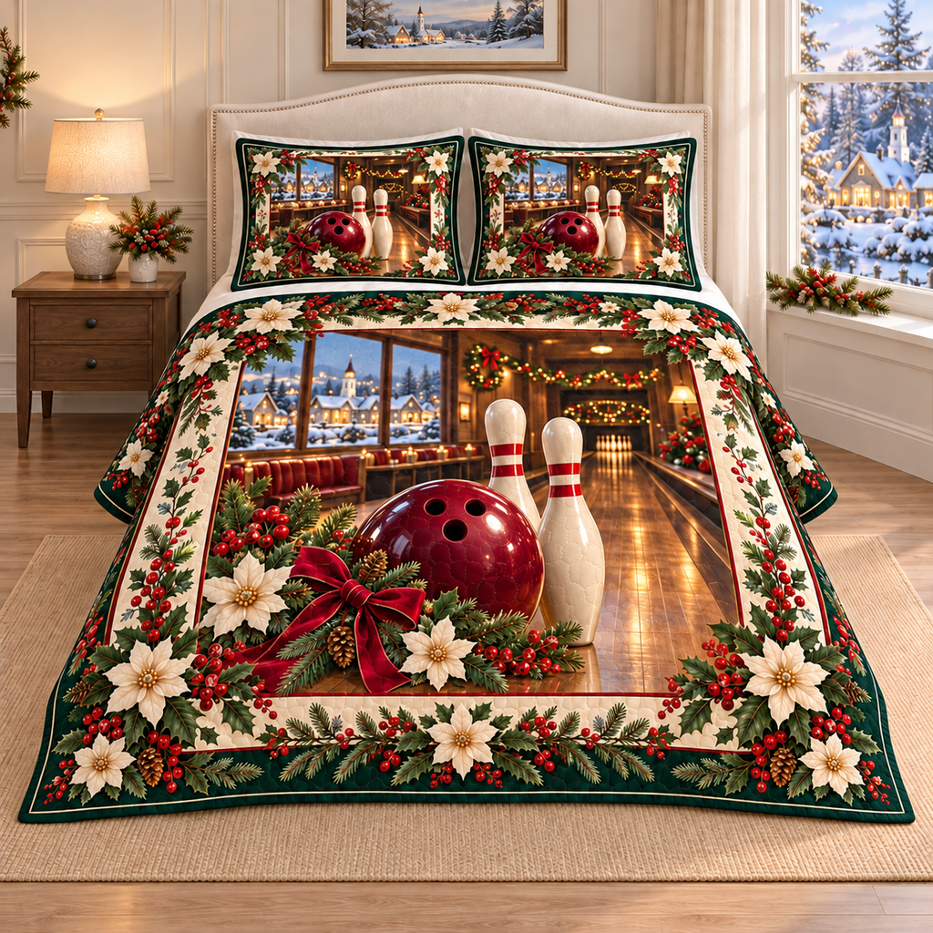 Bowling Ball Christmas Holly thin printed quilt with two matching pillow shams; complete-product design mockup with flat printed visual depth.