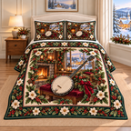 Vintage Banjo Christmas Holly thin printed quilt with two matching pillow shams; complete-product design mockup with flat printed visual depth.
