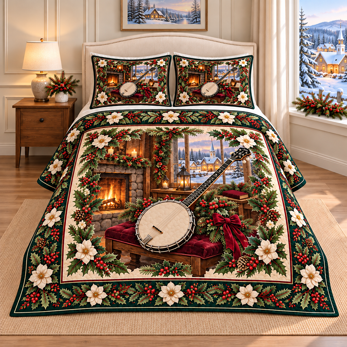 Vintage Banjo Christmas Holly thin printed quilt with two matching pillow shams; complete-product design mockup with flat printed visual depth.
