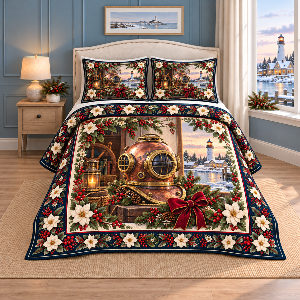 Vintage Diving Helmet Christmas Holly thin printed quilt with two matching pillow shams; complete-product design mockup with flat printed visual depth.