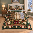 Balance Scale Christmas Holly thin printed quilt with two matching pillow shams; complete-product design mockup with flat printed visual depth.