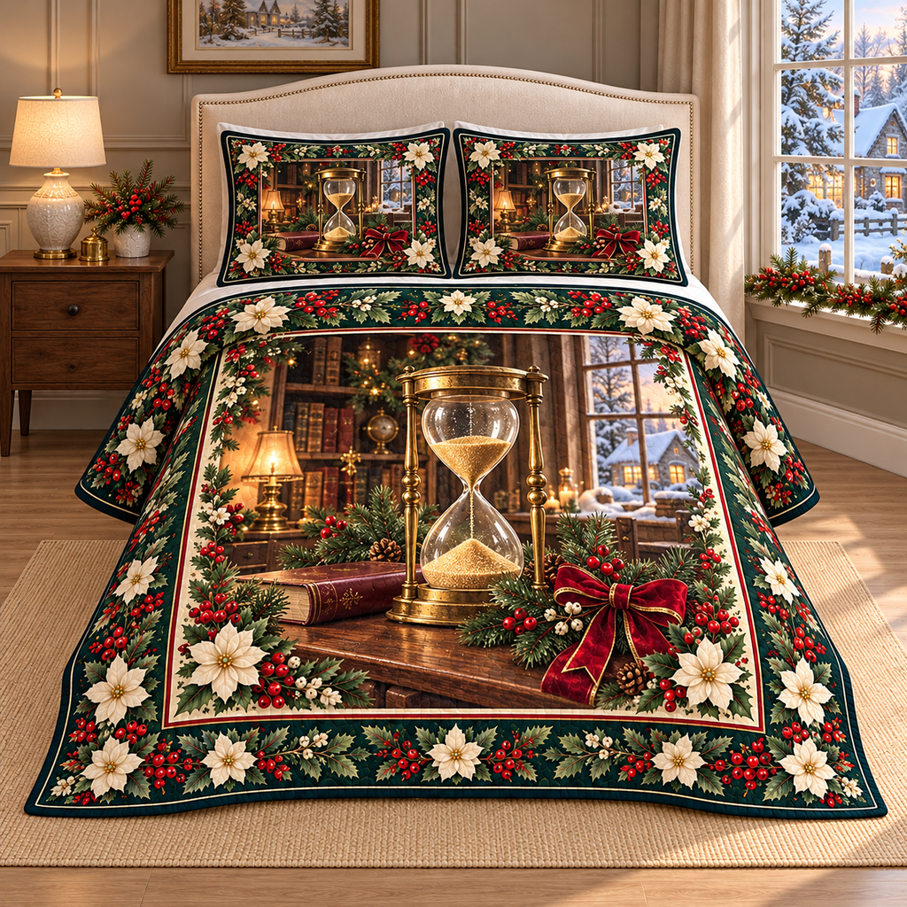 Vintage Hourglass Christmas Holly thin printed quilt with two matching pillow shams; complete-product design mockup with flat printed visual depth.
