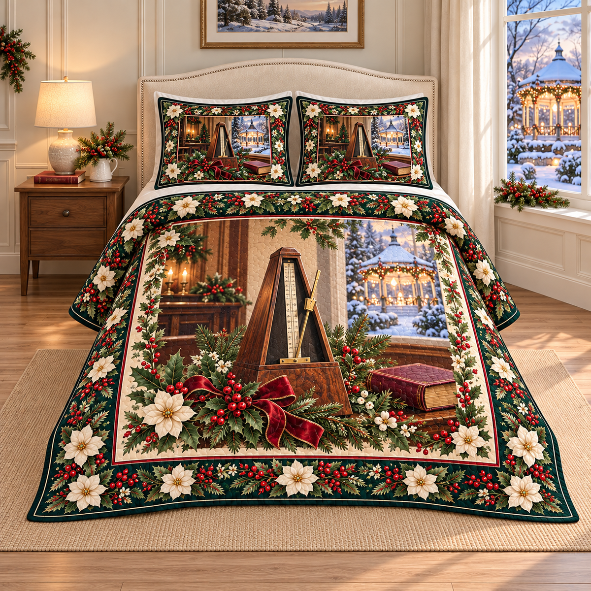 Vintage Metronome Christmas Holly thin printed quilt with two matching pillow shams; complete-product design mockup with flat printed visual depth.