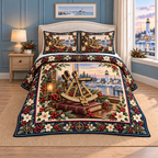 Vintage Sextant Christmas Holly thin printed quilt with two matching pillow shams; complete-product design mockup with flat printed visual depth.