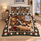 Woodworking Plane Christmas Holly thin printed quilt with two matching pillow shams; complete-product design mockup with flat printed visual depth.