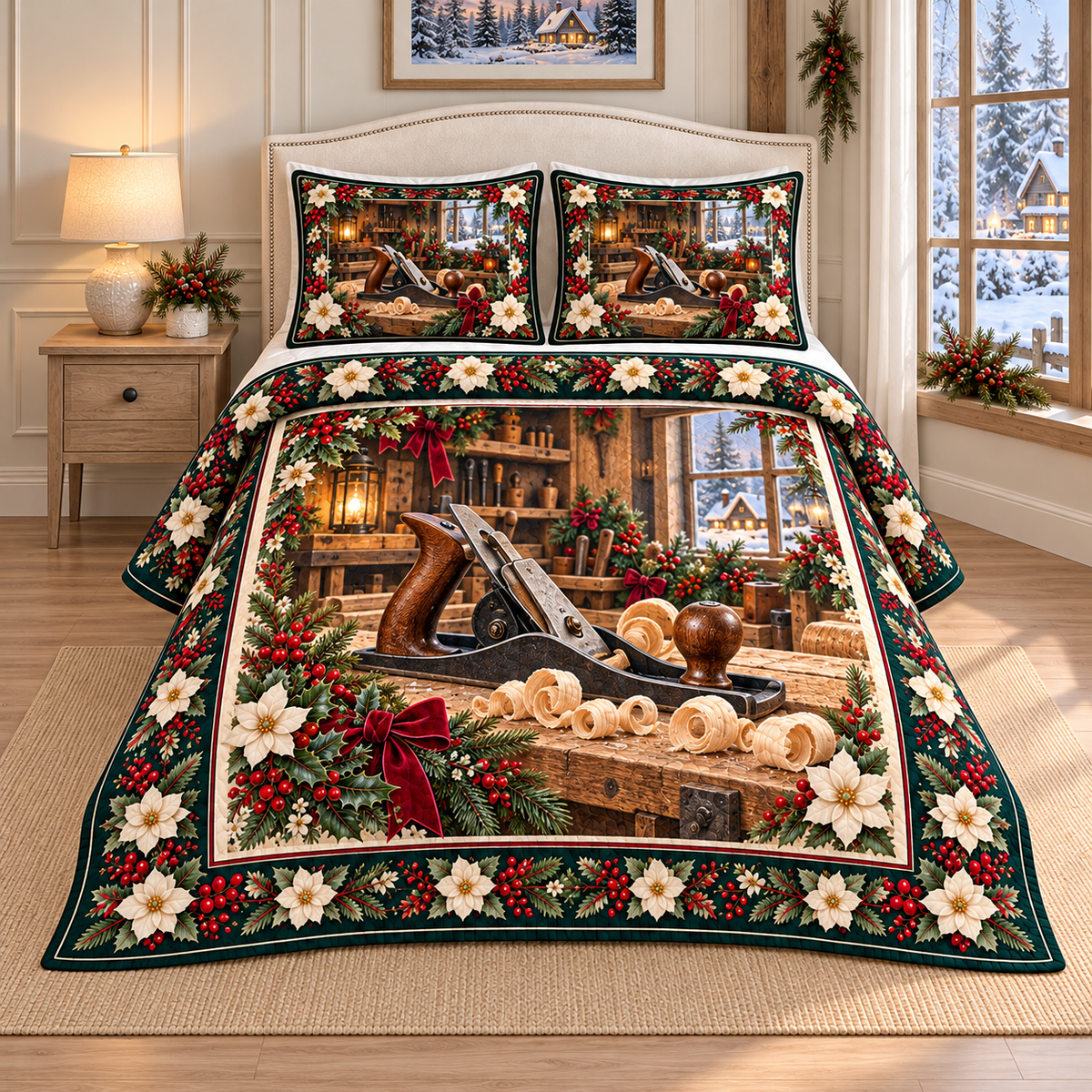 Woodworking Plane Christmas Holly thin printed quilt with two matching pillow shams; complete-product design mockup with flat printed visual depth.