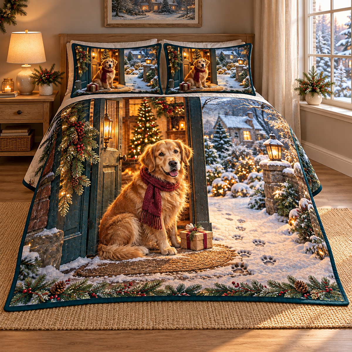 Golden Retriever Christmas Homecoming thin printed quilt with two matching pillow shams; complete-product design mockup with flat printed visual depth.