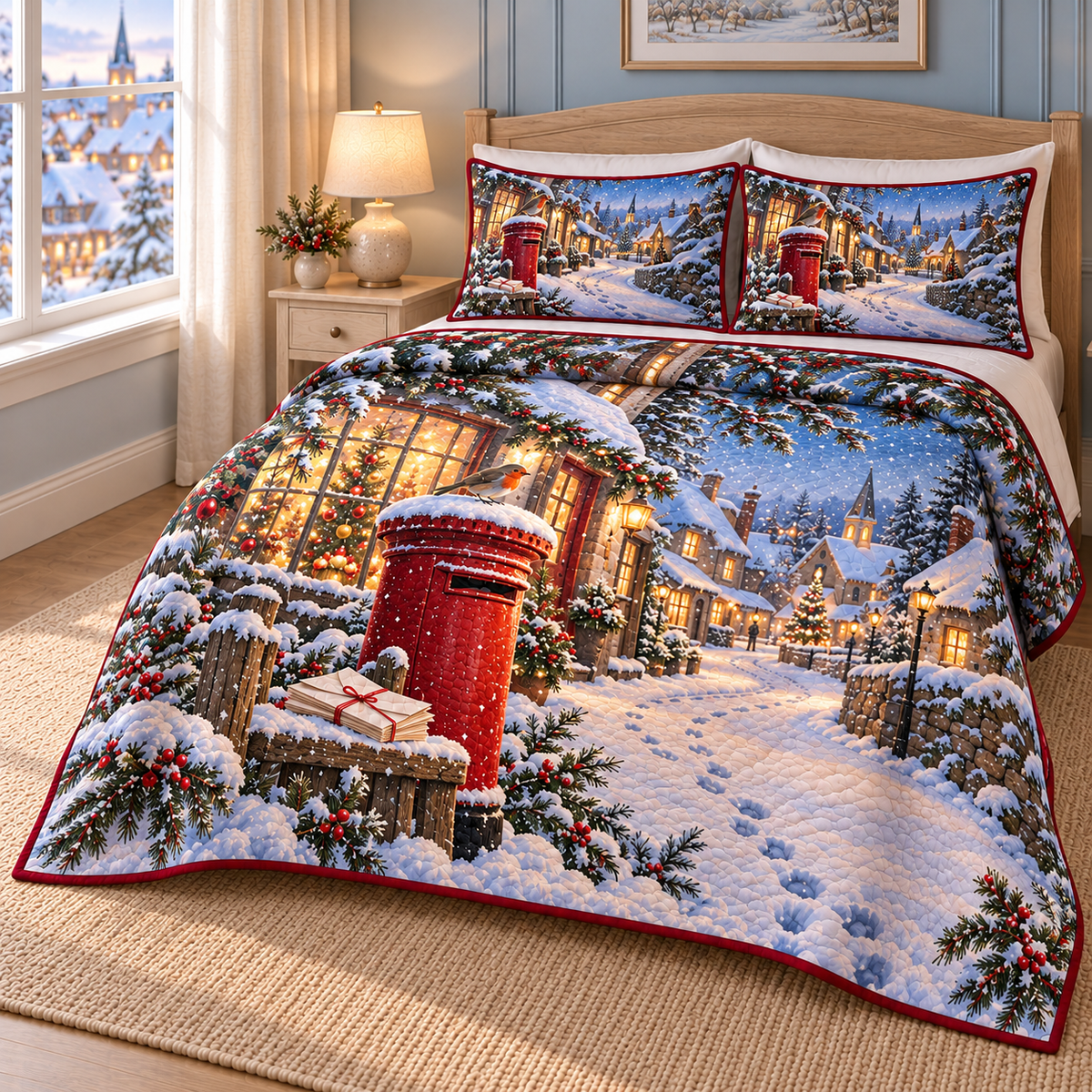 Christmas Letters Snowy Village thin printed quilt with two matching pillow shams; complete-product design mockup with flat printed visual depth.