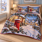 Christmas Letters Snowy Village thin printed quilt with two matching pillow shams; complete-product design mockup with flat printed visual depth.