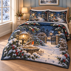 Christmas Midnight Bird Feeding thin printed quilt with two matching pillow shams; complete-product design mockup with flat printed visual depth.