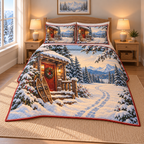 Christmas Snowshoe Cabin Homecoming thin printed quilt with two matching pillow shams; complete-product design mockup with flat printed visual depth.