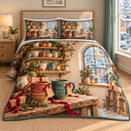 Christmas Potters Gift Shelf thin printed quilt with two matching pillow shams; complete-product design mockup with flat printed visual depth.