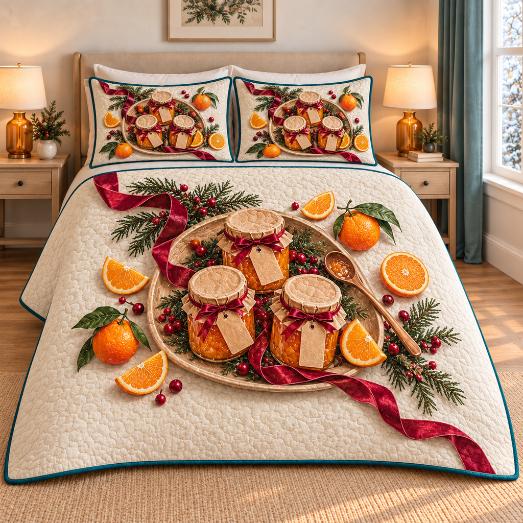 Christmas Marmalade Gift Kitchen thin printed quilt with two matching pillow shams; complete-product design mockup with flat printed visual depth.