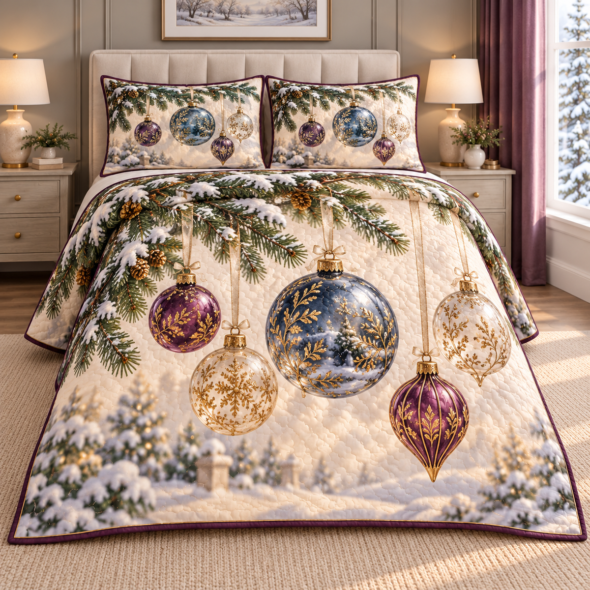 Christmas Glass Ornament Winterlight thin printed quilt with two matching pillow shams; complete-product design mockup with flat printed visual depth.