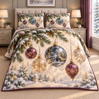 Christmas Glass Ornament Winterlight thin printed quilt with two matching pillow shams; complete-product design mockup with flat printed visual depth.