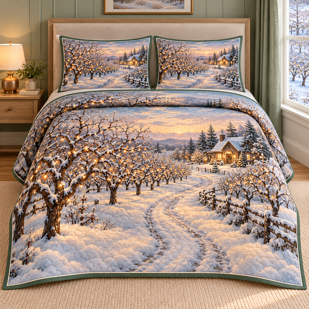 Christmas Snowy Orchard Evening thin printed quilt with two matching pillow shams; complete-product design mockup with flat printed visual depth.