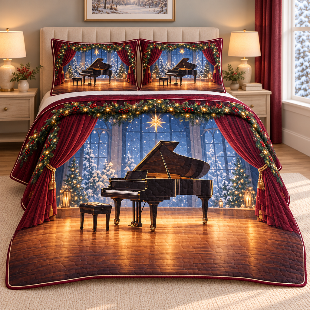 Christmas Winter Recital Stage thin printed quilt with two matching pillow shams; complete-product design mockup with flat printed visual depth.